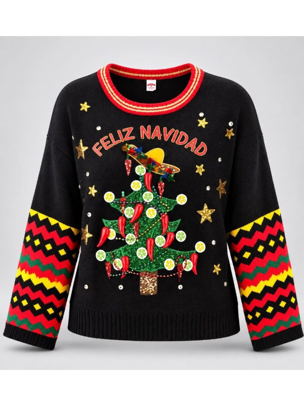 Feliz Navidad Christmas Sweater Size XL Black Holiday w Festive Sequins Chili